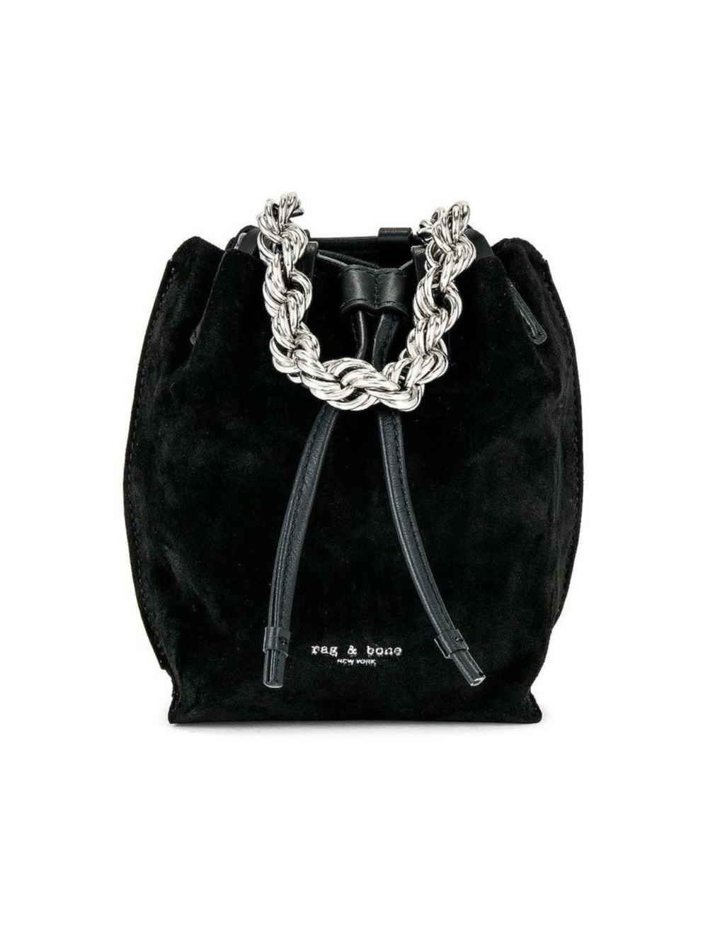 rag & bone Black Suede Drawstring Bucket Bag with Silver Chain